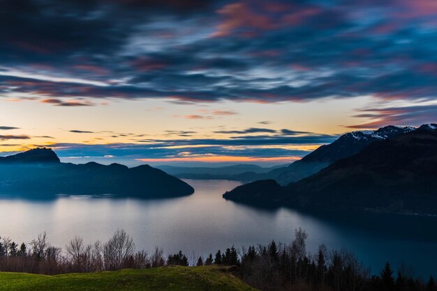 Scenic view of lake and mountains against sky