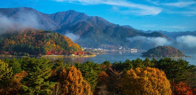 Scenic view of lake and mountains against sky