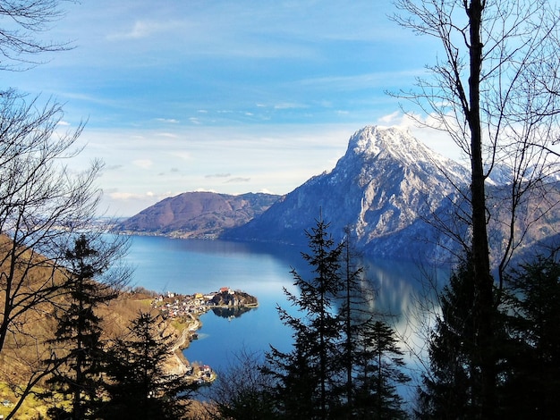 Scenic view of lake and mountains against sky