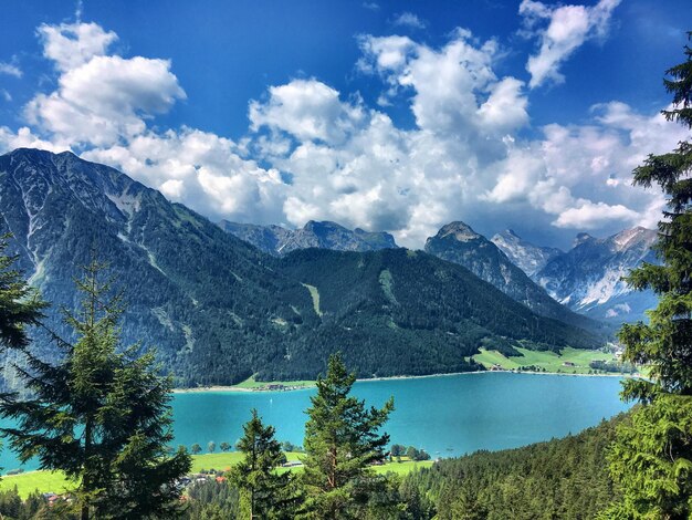 Scenic view of lake and mountains against sky