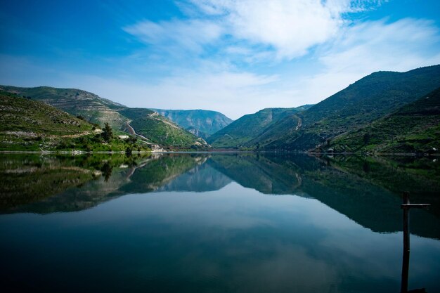 Scenic view of lake and mountains against sky