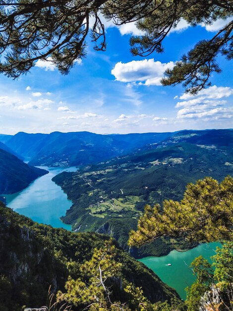 Scenic view of lake and mountains against sky