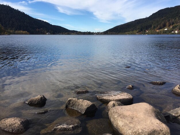 Scenic view of lake and mountains against sky