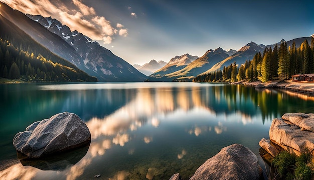 Photo scenic view of lake and mountains against sky