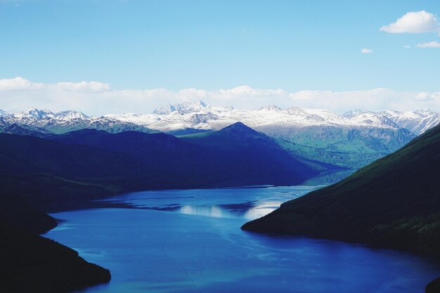 Photo scenic view of lake and mountains