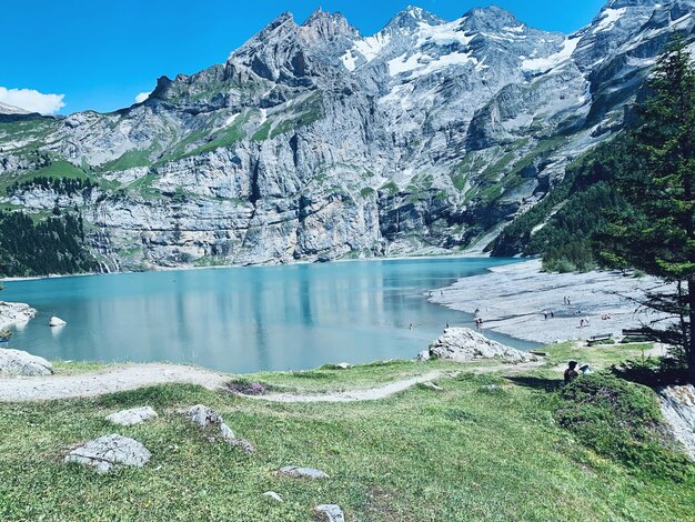 Scenic view of lake and snowcapped mountains against sky