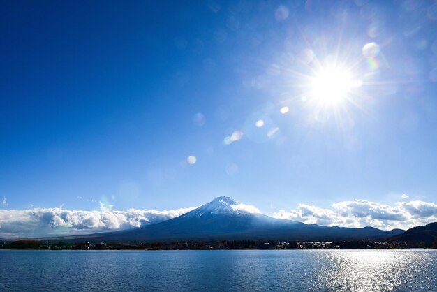 Scenic view of lake and snowcapped mountains against sky