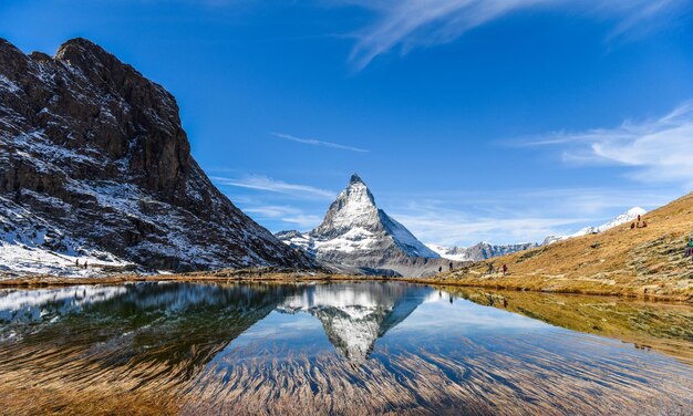 Scenic view of lake and snowcapped mountains against sky