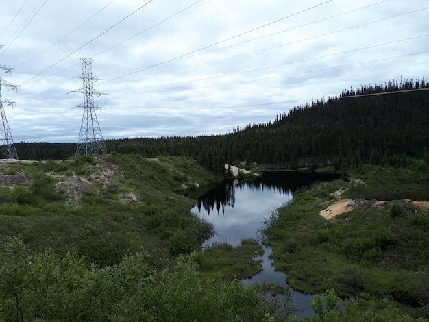 Scenic view of lake and trees and electricity pole against sky