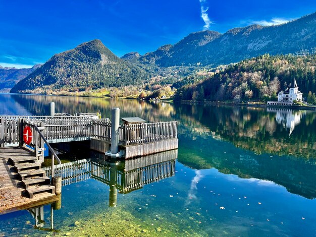 Scenic view of lake with landing stage and mountains against sky