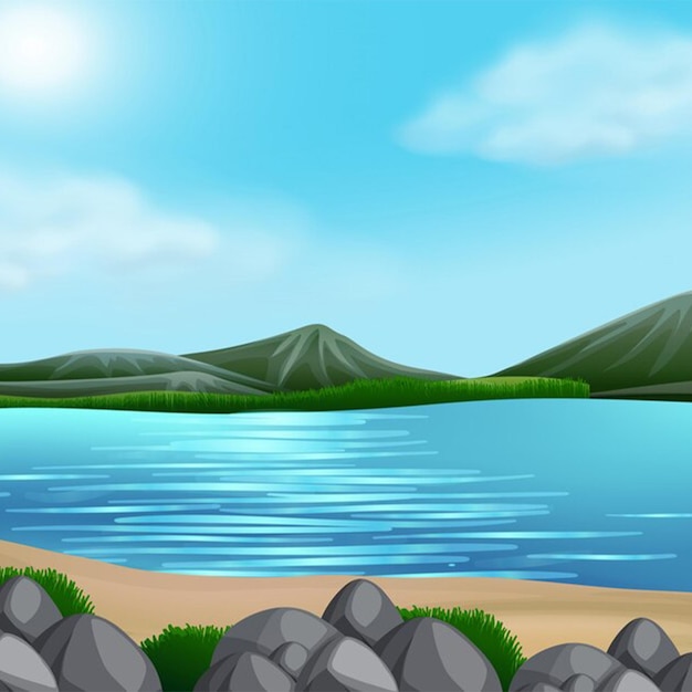 青い空の下の山と湖の景色