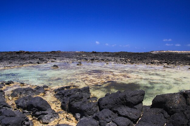 Scenic view of land against clear blue sky