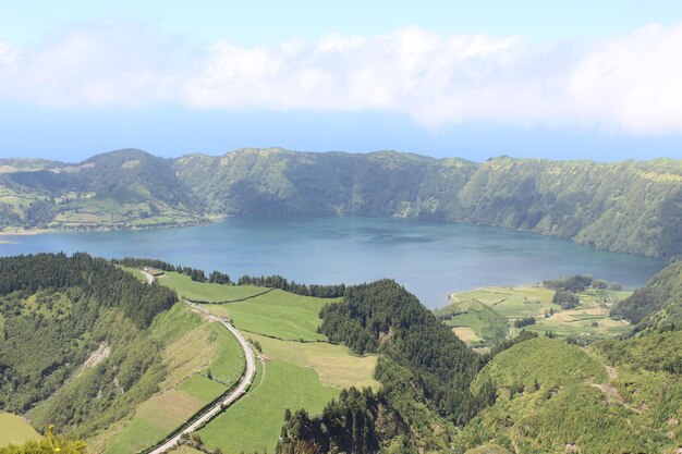 Scenic view of landscape and lake against sky