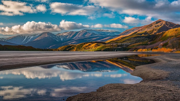 Scenic view of landscape wilderness lake and sky reflection with river beach