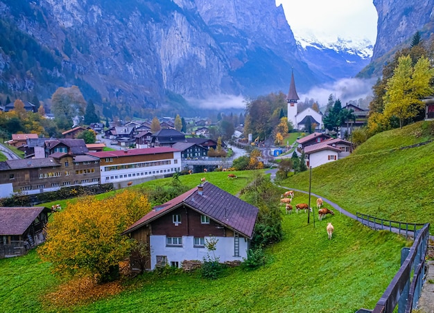 Scenic view of Lauterbrunnen valley with the mist of morning.