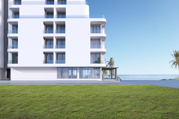 Scenic view of modern residential building, Luxury apartment on sea view, 3d rendering.