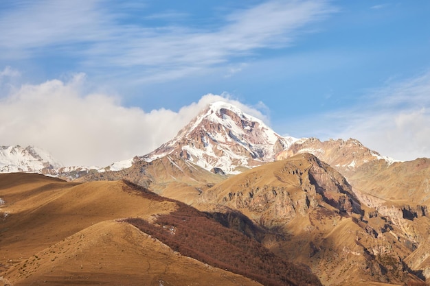 Scenic view of mount kazbek high quality photo