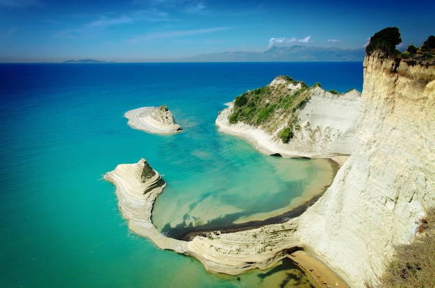 Scenic view of mountain by blue sea against sky