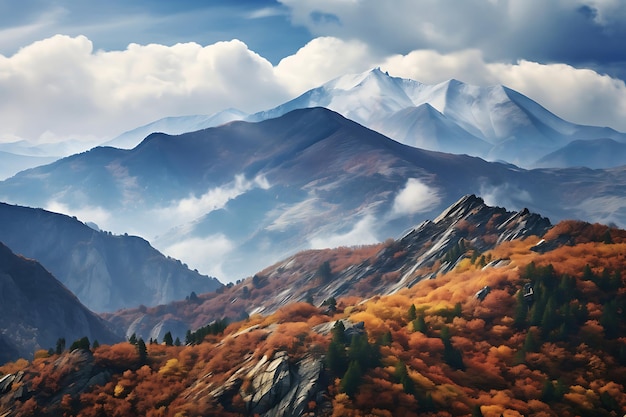 Scenic view of a mountain range in autumn