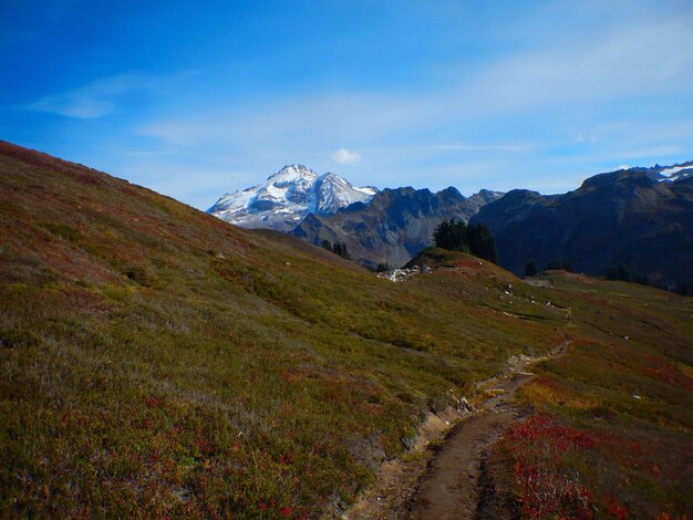 Scenic view of mountains against blue sky