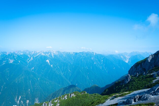 Scenic view of mountains against blue sky