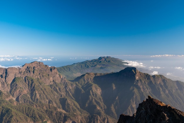 Scenic view of mountains against blue sky