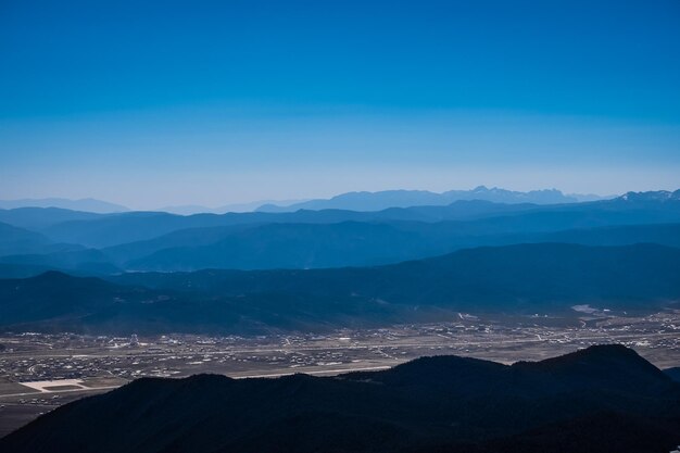 Scenic view of mountains against clear blue sky