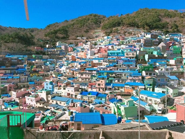 Scenic view of mountains against clear blue sky