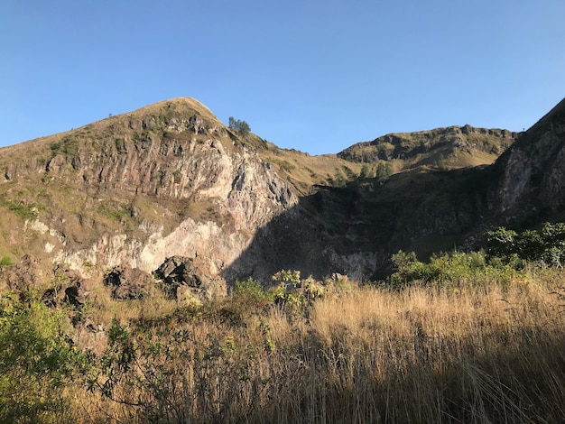 Scenic view of mountains against clear blue sky