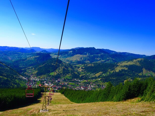 Scenic view of mountains against clear blue sky