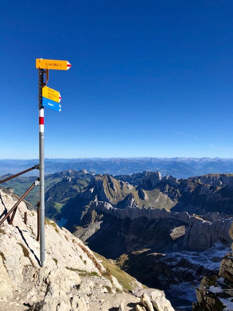 Scenic view of mountains against clear blue sky