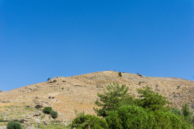 Scenic view of mountains against clear blue sky