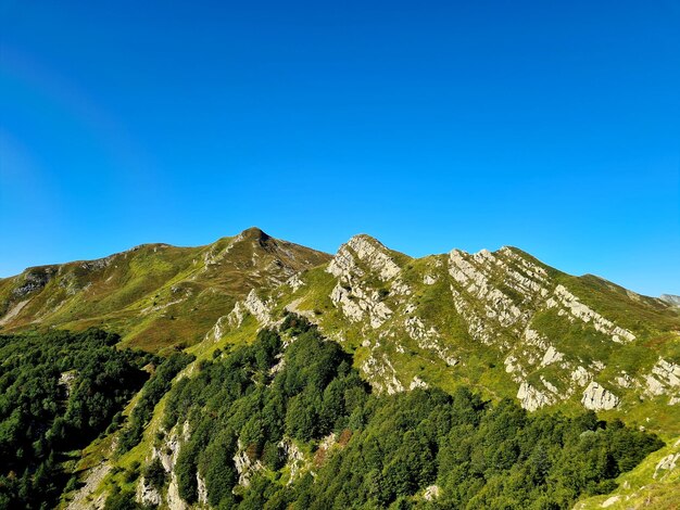 晴れた青い空に囲まれた山の景色