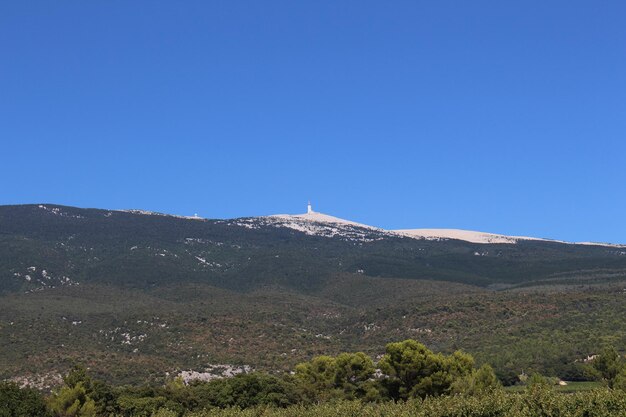 Scenic view of mountains against clear blue sky