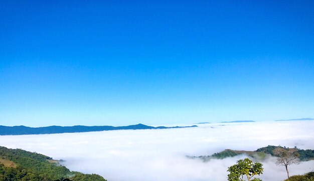 Scenic view of mountains against clear blue sky