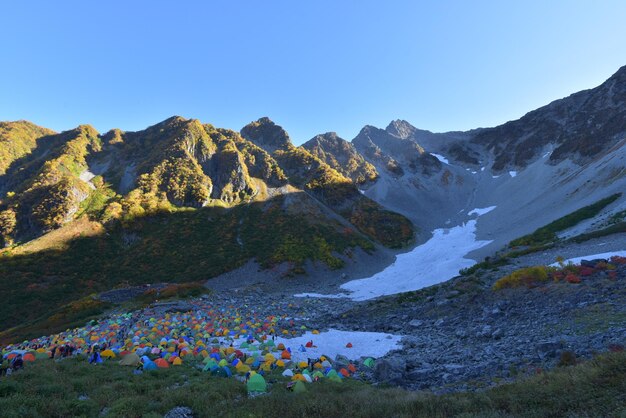 Scenic view of mountains against clear blue sky