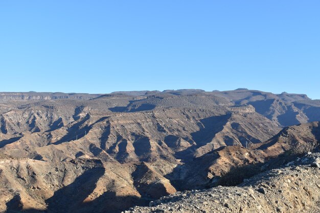 Scenic view of mountains against clear blue sky