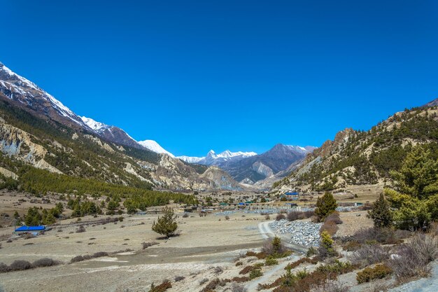 Scenic view of mountains against clear blue sky