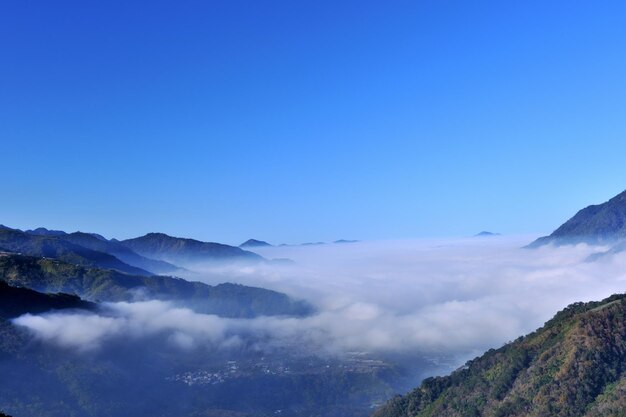 Scenic view of mountains against clear blue sky