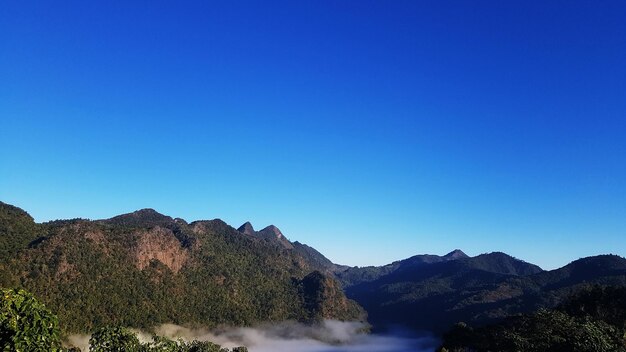 Scenic view of mountains against clear blue sky