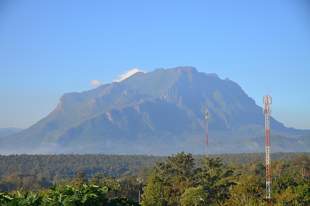 Scenic view of mountains against clear blue sky