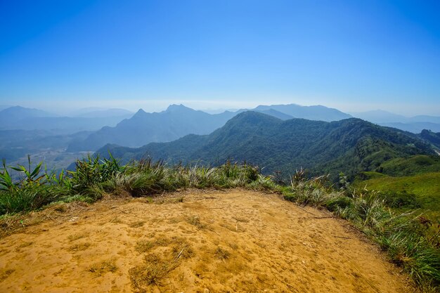 Scenic view of mountains against clear blue sky