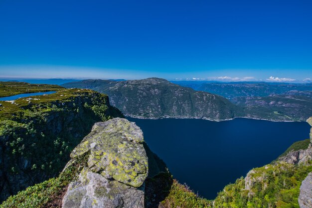 Scenic view of mountains against clear blue sky