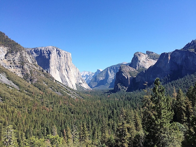 Scenic view of mountains against clear blue sky