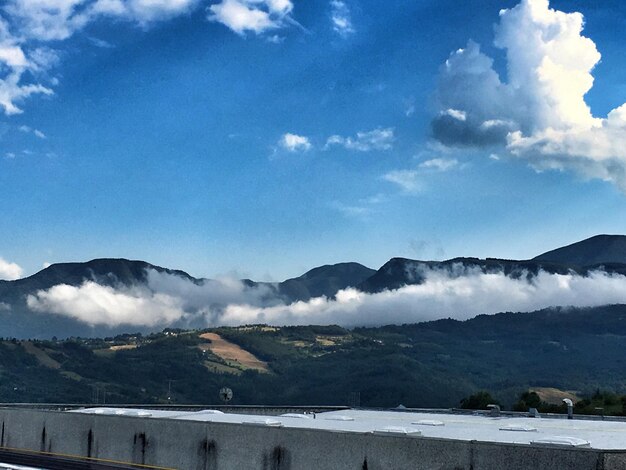 Scenic view of mountains against cloudy sky