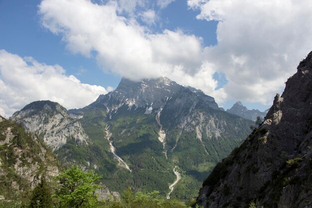 Scenic view of mountains against cloudy sky