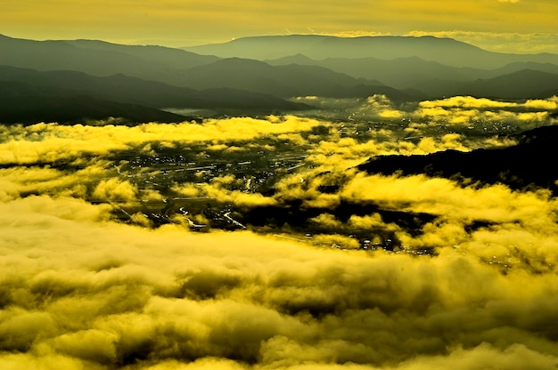 Scenic view of mountains against sky during sunset