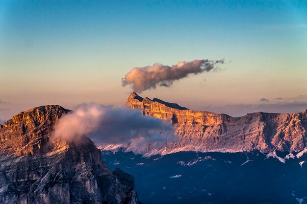 Scenic view of mountains against sky during sunset