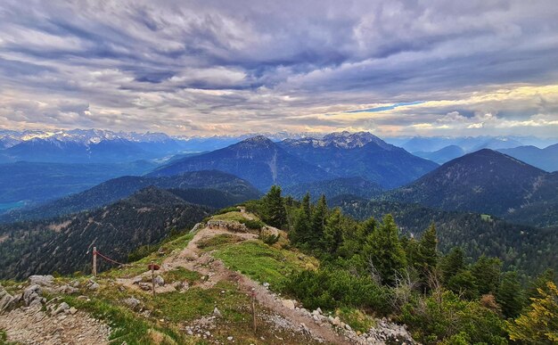 Scenic view of mountains against sky during sunset