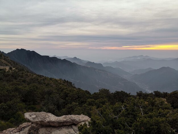 Scenic view of mountains against sky during sunset